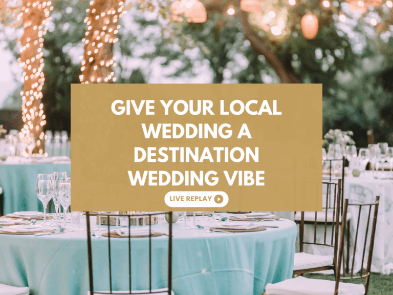 Outdoor wedding reception setup with tables and string lights; thumbnail for wedding replay titled ‘Give your local wedding a destination wedding vibe.