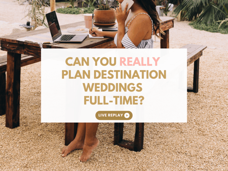 Woman working outdoors in tropical setting with laptop on mobile; thumbnail for wedding replay titled ‘Can you plan destination weddings full-time'